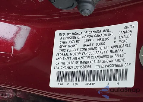 2012 Honda Civic Lx from USA, damaged, VIN 2HGFB2F53CH580039